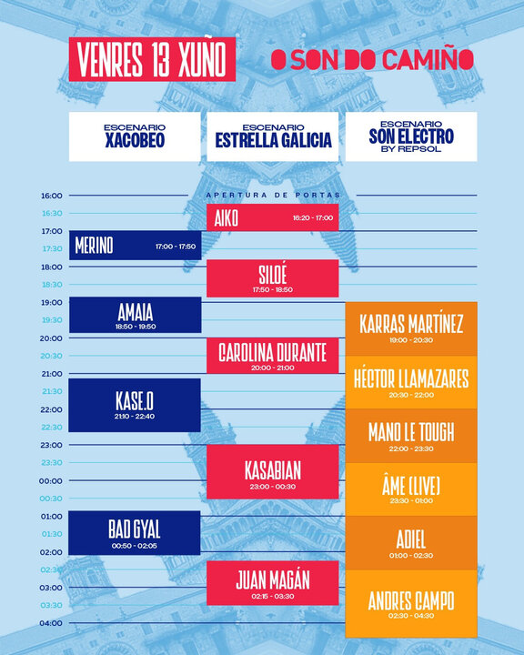 Horarios del viernes 13 de junio de O Son Do Camiño 2025.